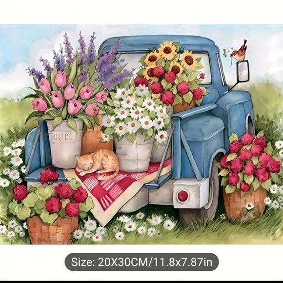 Diamond Painting Kit,  NEW, Flowers 💐 in back of Blue Truck - Picture 1 of 4